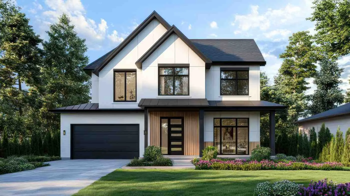 Two story family home with a garage and a green front lawn